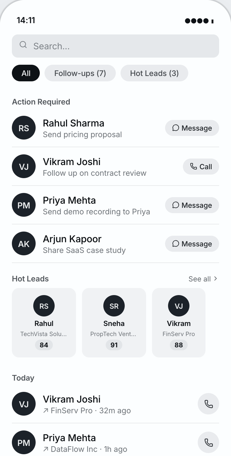 Vexo home screen showing today's follow-ups and hot leads